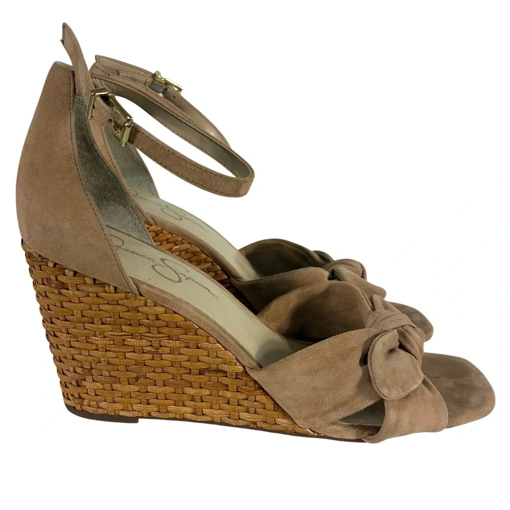 Jessica Simpson Delirah Tan Suede Woven Wicker Wedge Sandal Bow Ankle Strap 10M